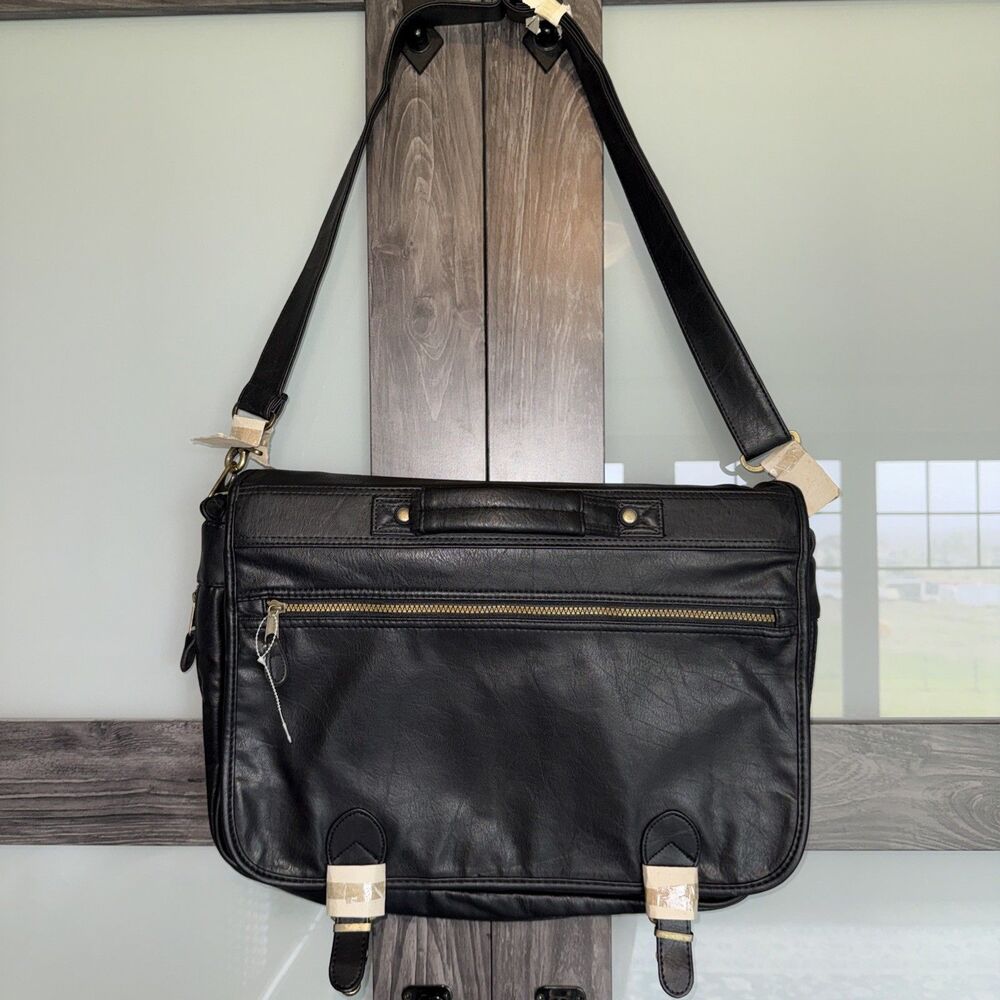 Vintage Black (Leather) Expandable Brief Case Messenger Bag Brass Hardware NWOT